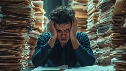 A man is sitting at a desk with papers flying everywhere