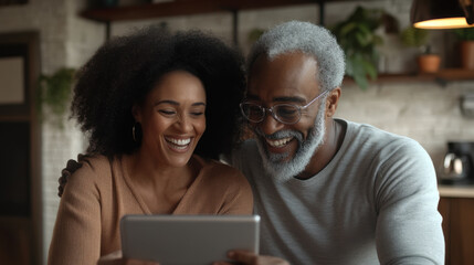 Mature couple enjoying a video call with family, both laughing and feeling connected through