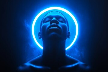 Abstract profile of a person with a glowing blue halo looking upward symbolizing enlightenment clarity and the transcendence of thought in a modern context