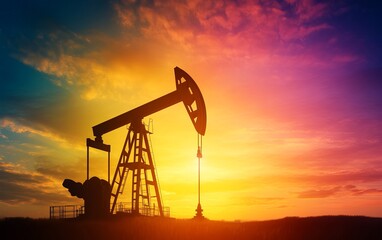 Silhouette of an oil pump against a vibrant sunset sky, symbolizing energy production and the oil industry.