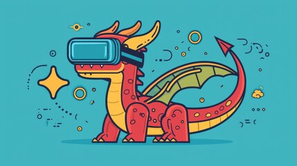 Fototapeta premium A vibrant dragon wearing virtual reality goggles, blending fantasy with technology in a colorful, playful illustration.