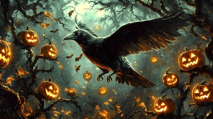 Fototapeta premium Halloween Night with Raven, Jack-O-Lanterns, Bats