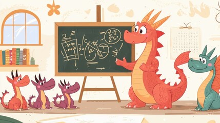 Obraz premium A whimsical classroom scene featuring a dragon teaching young dragons with a chalkboard and colorful books.