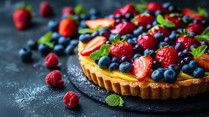 Delicious berry tart with fresh strawberries, blueberries, and raspberries topped with mint leaves on a dark background.