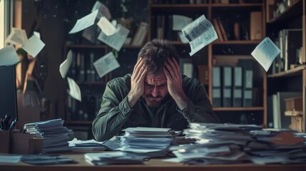 A man is sitting at a desk with papers flying everywhere