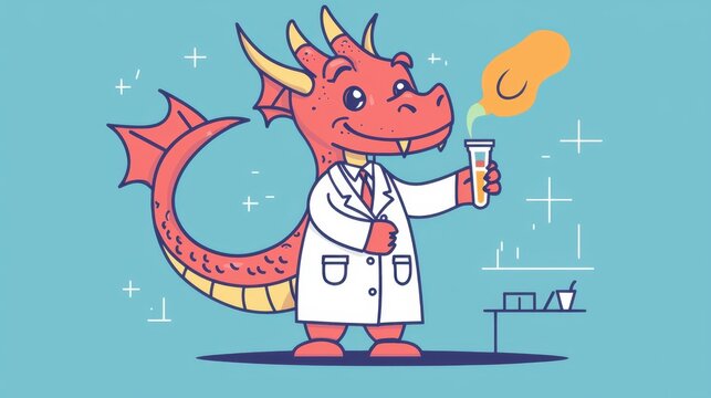 A whimsical dragon in a lab coat, conducting an experiment with a glowing potion. Perfect for children's educational themes.