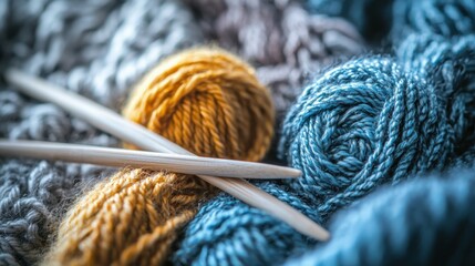 Close-up of colorful yarn balls and knitting needles, showcasing the art of knitting and crafting for cozy projects.