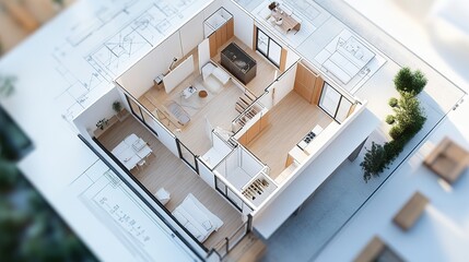 Modern architectural house plan layout with open spaces and garage
