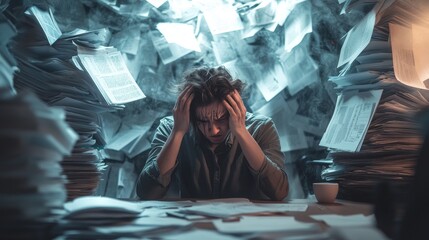 A man is sitting at a desk with papers flying everywhere