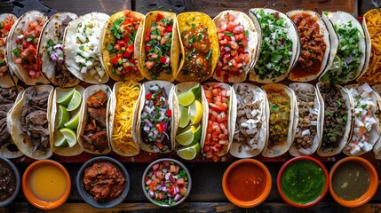 A colorful assortment of various tacos with different fillings and toppings, displayed with a variety of sauces and garnishes on a wooden table.