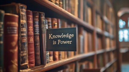 A bookshelf filled with books, with text "Knowledge is Power" on a card, with a focus on the card