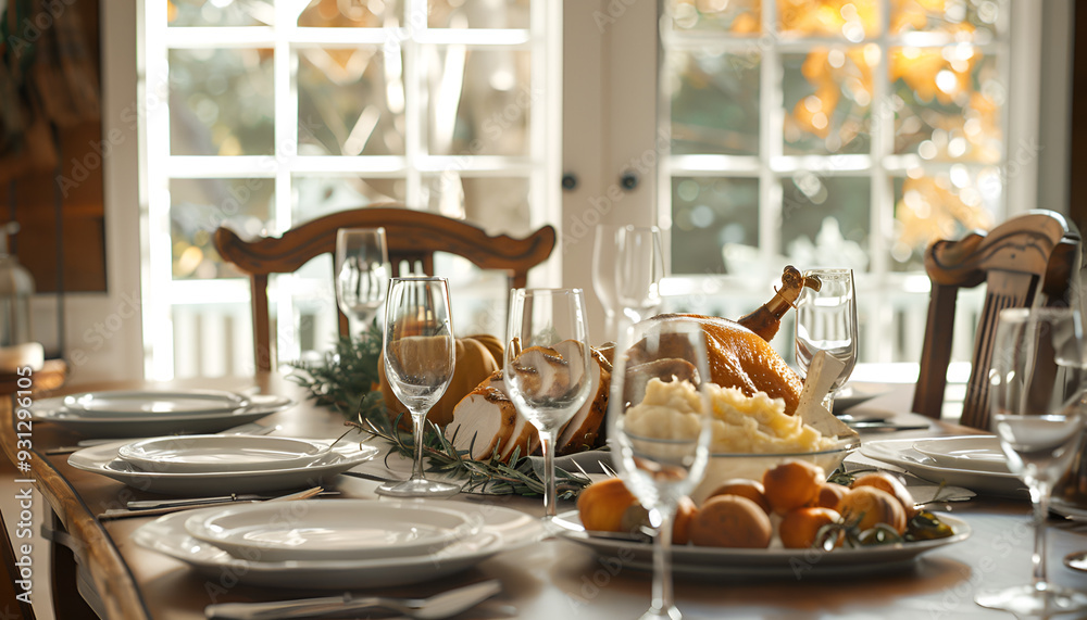 Poster dining room set for Thanksgiving with a sliced trukey on the table, mashed potatoes, rolls and water glasses