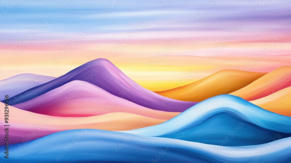 Wall mural a painting of a colorful landscape with mountains in the background, ai