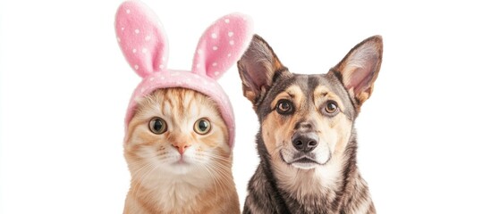 Obraz premium A Cat In Bunny Ears And A Dog Looking At The Camera