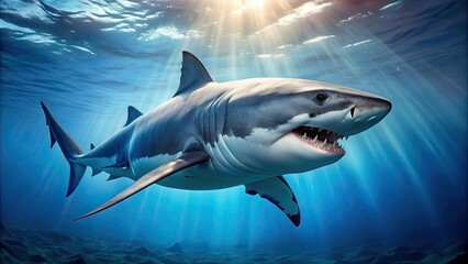 Fototapeta premium A powerful predator of the ocean, the shark of the sea is known for its sleek body, sharp teeth, and keen hunting instincts