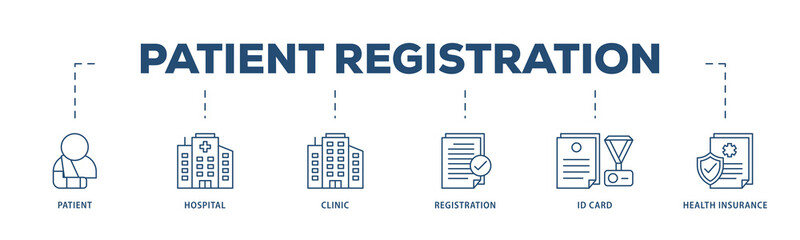 Patient registration icons process structure web banner illustration of registration, health insurance,  id card, clinic, hospital, patient icon png transparent background.