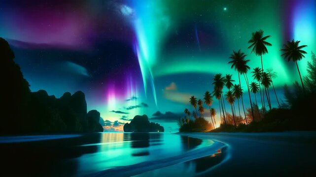 Majestic northern lights in the tropical beach. Aurora borealis lights. Slow motion beautiful nature background. Video wallpaper best for yours intro, opener, cover, header