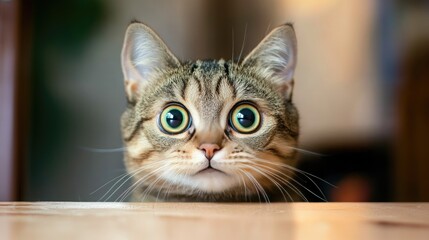 A close-up shot of a curious cat with green eyes peering over a wooden surface.