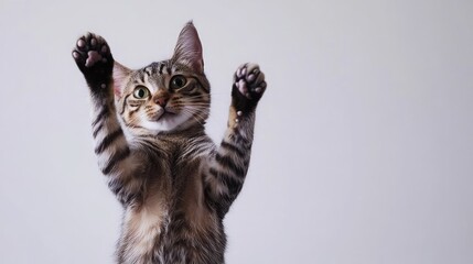 Obraz premium A cute tabby cat with its paws up in the air, looking up with a playful expression against a white background.