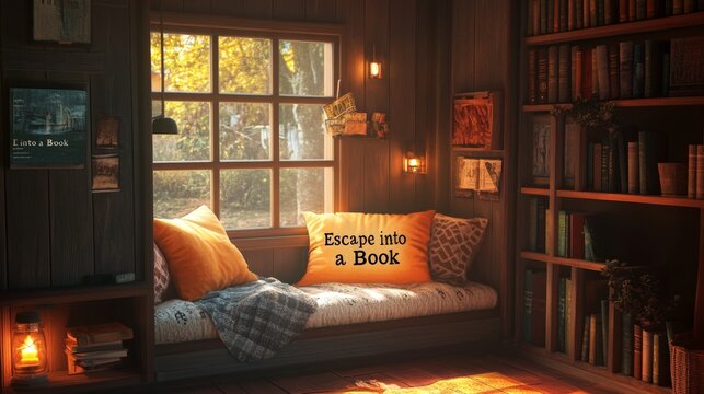 A cozy reading nook with text "Escape into a Book" on a cushion, in a warm and inviting setting