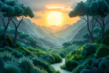 Vibrant Paper Landscape Bathed in Warm Sunset Glow Over Lush Mountainous Terrain