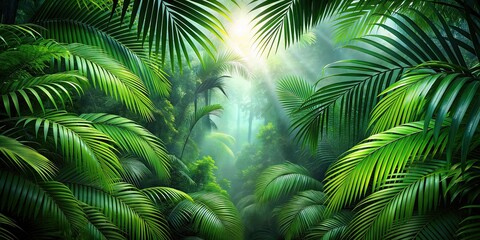 Green palm leaves creating a tropical rainforest background, nature, abstract, foliage