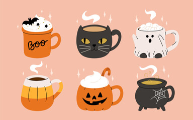Vector collection of cute Halloween mugs. Hot cocoa with marshmallow, coffee and tea cups with cute faces, ghost, pumpkin, witch black cat and skull. Flat cartoon illustration on pink background