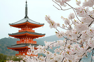 Obraz premium Cherry blossom and pagoda at Kiyomizu-dera Temple, Kyoto, Japan, beautiful view