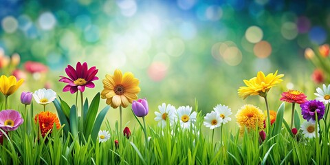Closeup sequence of green grass surrounded by colorful flowers, nature, closeup, grass, green, flowers, colorful, vibrant