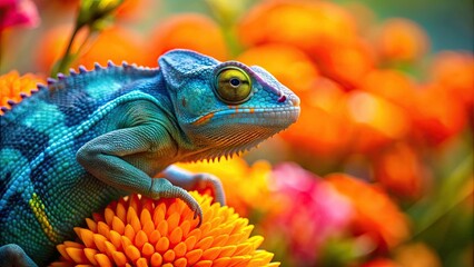 Fototapeta premium Blue and green chameleon in front of orange and pink flowers, chameleon, reptile, colorful, nature, flowers, tropical