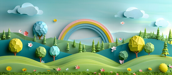 Vibrant Paper Style Meadow with Arching Rainbow Across Serene Pastel Landscape