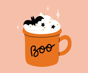 Vector collection of cute Halloween mugs. Hot cocoa with marshmallow, coffee and tea cups with cute faces, ghost, pumpkin, witch black cat and skull. Flat cartoon illustration on pink background