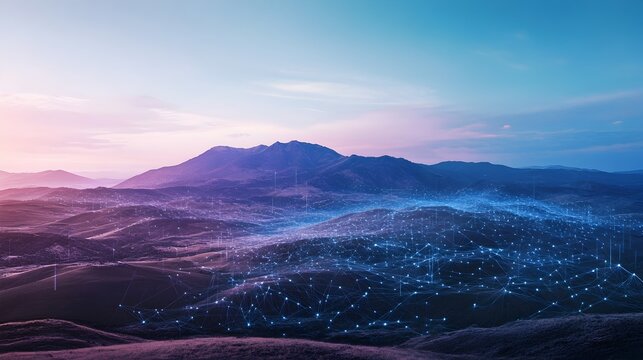 Edge computing nodes dispersed in a vast remote landscape processing data locally to ensure low latency and high performance for critical applications amidst a scenic