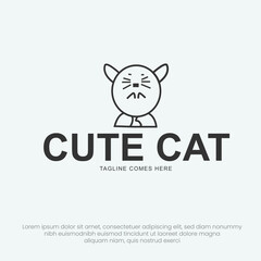 Cute Cat Logo Design. Cat Tie Cool Cat. Elegance Line Art Icon Vector Template
