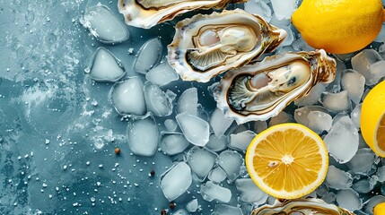 Fresh oysters with lemon on ice, a gourmet seafood spread perfect for culinary presentations and fine dining concepts.