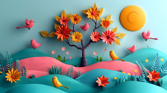 Vibrant Paper Tree with Nesting Colorful Birds in Nature Landscape