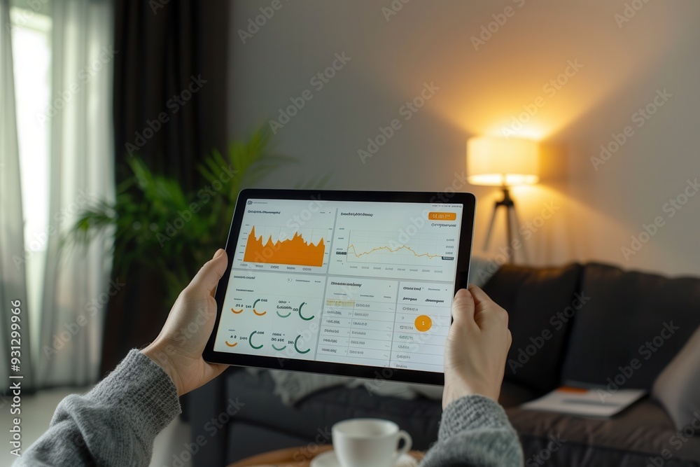 Poster A person is examining financial data on a tablet, surrounded by a warm and inviting living room environment. Generative AI