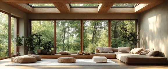 Fototapeta premium Living Room With Skylights, Wooden Accents, Airy And Bright, Natural Elements