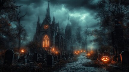 Gothic cathedral with jack-o'-lanterns and lightning

