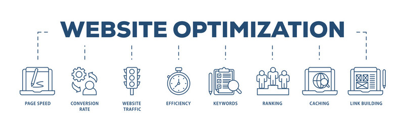 Website optimization icons process structure web banner illustration of page speed, conversion rate, website traffic, efficiency, keywords, ranking, caching  icon png transparent background. © kirale
