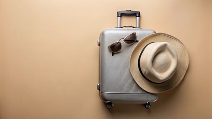 Fototapeta premium Top view of gray suitcase, warm felt hat, and sunglasses on beige background, accessories, travel, fashion, luggage