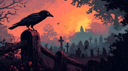 Fototapeta premium Raven on Fence in Sunset Graveyard Illustration