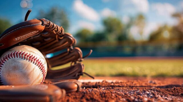 Close-up of a baseball and glove resting on the pitcher's mound, sport stadium field 
