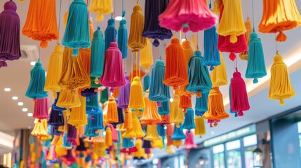 Beautiful decoration with colorful tassel fabric on ceiling