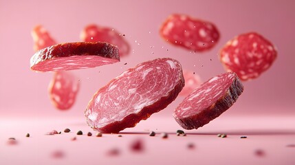 Fototapeta premium Close-up of fresh raw meat steaks floating against a pink background, ready for cooking. Concept of fresh ingredients and gourmet cuisine.