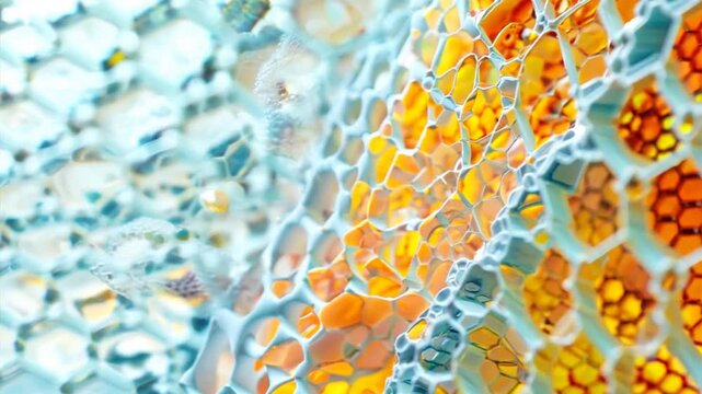 Abstract Cellular Structure: A captivating close-up revealing the intricate details of a cellular structure, with vibrant blue and orange hues illuminating the mesmerizing interconnected network of ce