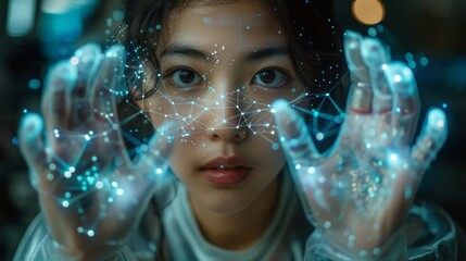 Portrait of a glamorous woman with winter-themed makeup and bubbles, featuring a snowy, fantasy-inspired backdrop