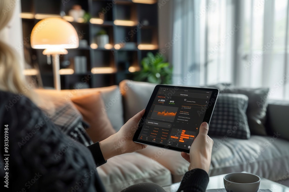 Leinwandbilder A person is engaged in monitoring stock market data on a tablet while relaxing in a stylish living room. Generative AI