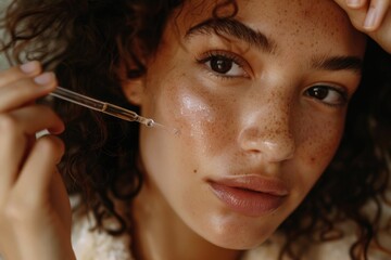 Obraz premium Natural Skincare Routine - Young Woman Applying Facial Serum for Healthy Glowing Skin