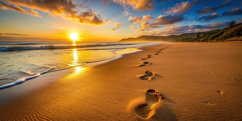Footsteps imprinted in wet sand on beach during golden sunset, beach, footprints, footsteps, sand, sunset, ocean, waves